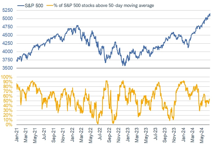 SP500 和 SP500 股票高于 50 日均线的百分比